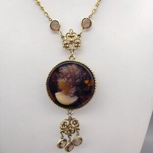 Steampunk Baroness 17 Jewels Root Beer Glass Cameo Watch Pendant Necklace VTG